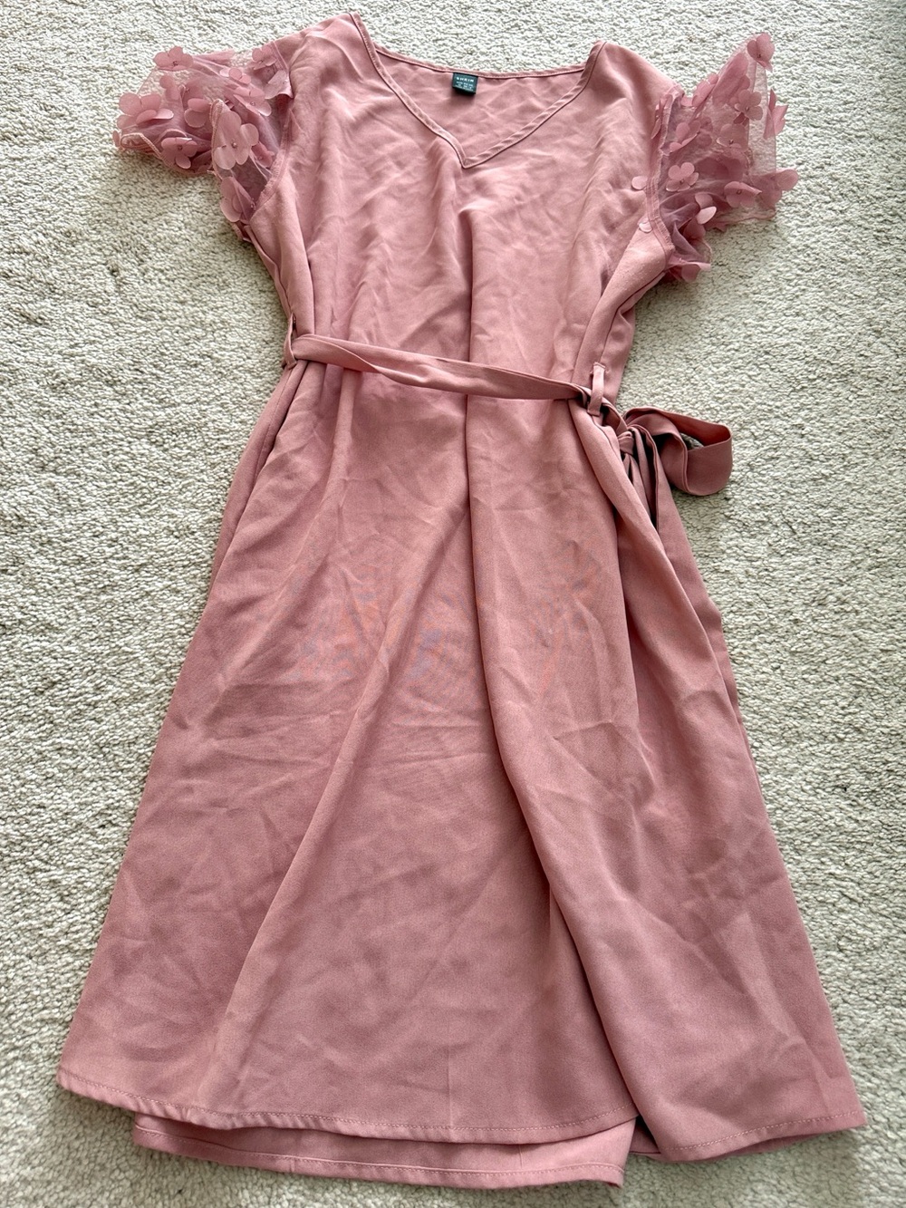 Dusty Rose V-Neck Dress With Floral Sleeves
